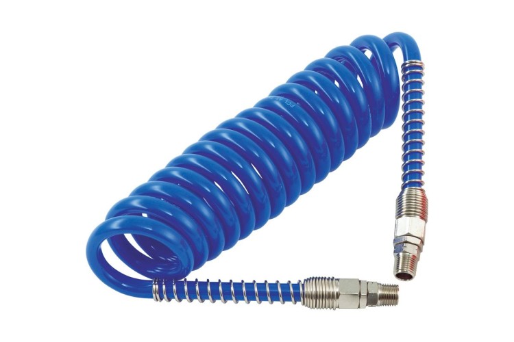 POLYURETHANE COILED HOSE ASSEMBLY (BLUE) 5m of 6.5mm i/d Hose, MaleSwivel Ends